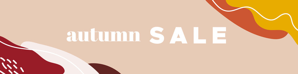 Autumn sale colorful banner. Abstract organic wavy shapes background. For newsletter, web header, social media post, promotional banner, advertising and identity. Vector illustration, flat design