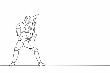 Continuous one line drawing robot guitarist perform playing electric guitar on stage. Humanoid robot cybernetic organism. Future robot development. Single line draw design vector graphic illustration