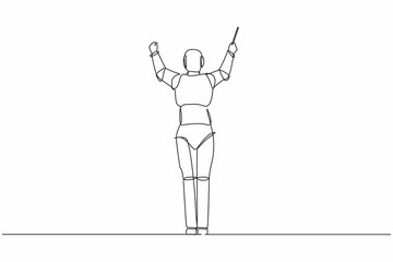 Continuous one line drawing back view of robot conductor performing on stage, directing symphony orchestra. Humanoid robot cybernetic organism. Single line draw design vector graphic illustration