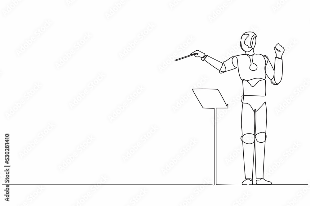 Poster single continuous line drawing expressive robot conductor directs music orchestra. modern robotic ar