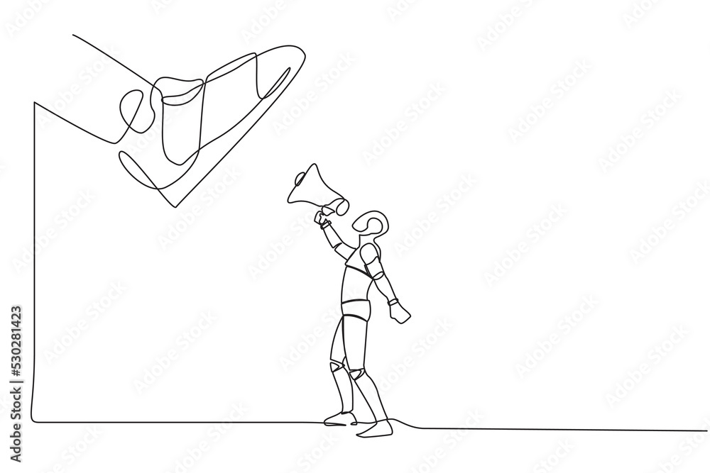 Poster single continuous line drawing robot speaking with megaphone under giant shoe. boot of army machine 
