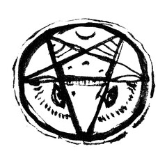 Vector isolated file with pentagram. Pentacle - brush stroke vintage art. Satan star moon. - 530281490