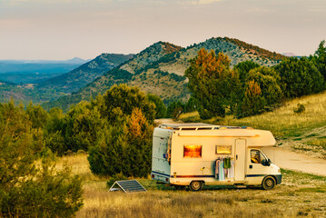 Laundry and solar panel at caravan