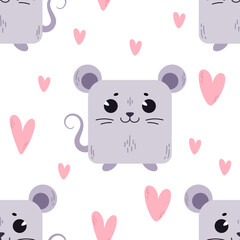 Mouse with hearts. Pattern with cute cartoon animals. Kawaii children's print with pets. Vector illustration for fabric, paper, wallpaper, packaging
