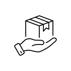 Courier Give Cardboard Packaging Outline Icon. Receive Present in Carton Package Line Icon. Parcel Box in Hand Delivery Service Linear Pictogram. Editable Stroke. Isolated Vector Illustration