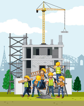 Building construction site with workers