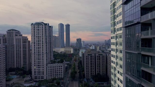 Meralco Ave drone footage showing buildings from Ortigas Center on the right and on the left captured the Renaissance 2000 Tower. 