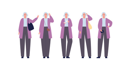 Character collection. Vector flat design people illustration set. Senior adult smiling female set standing with various gesture and grey hair isolated. Bags, glasses, tea cup and waller accessories