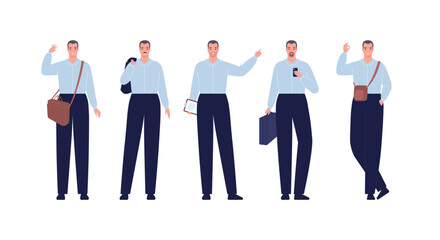 Character collection. Vector flat design people illustration set. Adult smiling employee male set standing with various gesture and beard isolated. Bags, paper, smartphone, and suitcase accessories