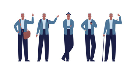 Character collection. Vector flat design people illustration set. Senior adult smiling male set standing with various gesture isolated. Bags, backpack, walking cane, smartphone and hat accessories