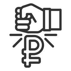 The fist pushes the ruble down - icon, illustration on white background, outline style