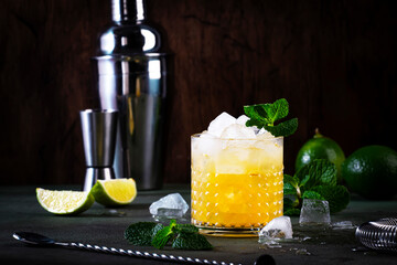 Mai Tai cocktail, refreshing drink with white rum, liqueur, sugar syrup, lime juice, mint and crushed ice. Dark background, bar tools, copy space