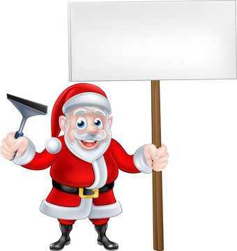 Cartoon Santa Holding Squeegee and Sign