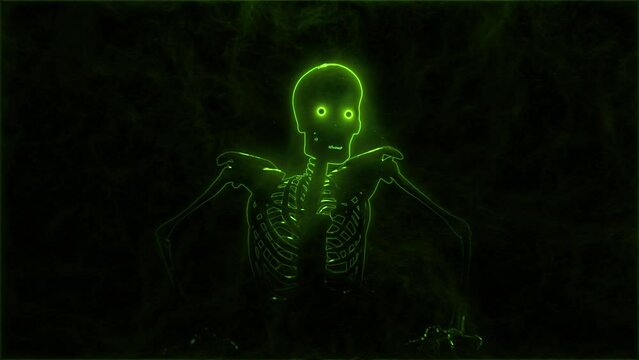 Scary neon skeleton with glowing eyes is crawling right at you. Halloween concept.