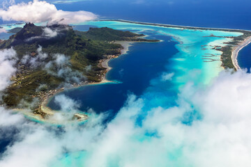 Aerial Bora Bora Island Tahiti South Pacific coastline - obrazy, fototapety, plakaty