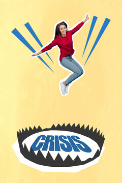 Vertical collage illustration of excited girl fly jump big crisis bear trap isolated on painted background