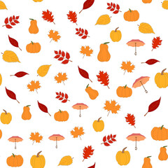 autumn seamless pattern with umbrellas, coffee and pumpkins.Cute flat illustration of autumn pattern