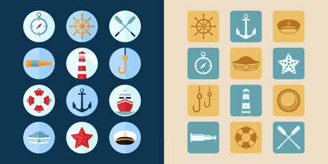 Modern flat color set of Nautical and Harbor theme. Marine port icon. Navy icons. Vector eps 10.