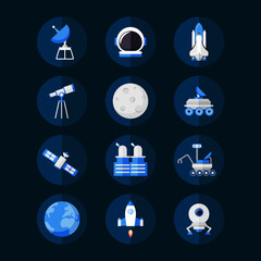Modern flat color of space research technology icons set. Outline set of space research technology vector icons for web design. Space bundle in cartoon style. Vector eps 10.