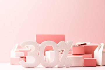 Composition of -30 percent text and boxes on white background