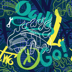 Abstract seamless cars pattern for boy on background. Childish style wheel auto repeated backdrop