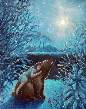 Fairytale bear looking at moon at night. Little girl in light dress hugging bear to keep warm. Oil painting on canvas - muth animal with kid in winter forest. Original hand drawn oil picture.