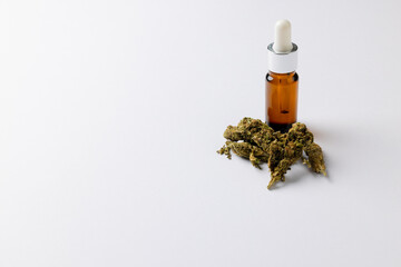 Image of bottle of cbd oil and dried marihuana leaves on white surface