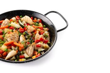Chicken and vegetables isolated on white background. Copy space