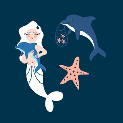 Cute little mermaid holding a baby dolphin. Cartoon dolphin with bag and starfish isolated on a dark blue background. 