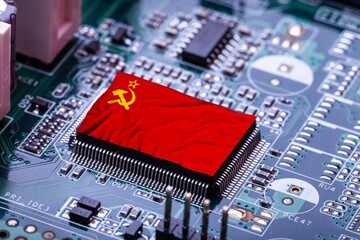 Flag of China on a processor, CPU Central processing Unit or GPU microchip on a motherboard....