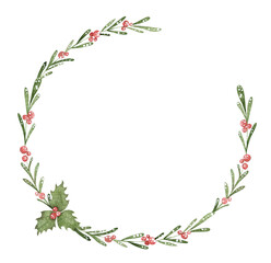 Watercolor holiday wreath with winter branches, berries, snow. Christmas frame with cute elements