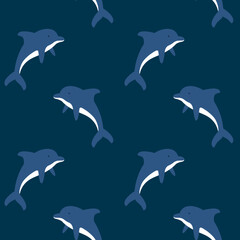 Cute cartoon dolphin vector pattern on a dark blue background. Cartoon marine seamless pattern