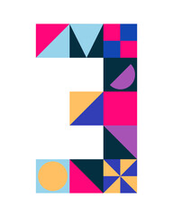 Obraz premium Number 3 from multicolored geometric shapes, cubes isolated on white. Neo geo