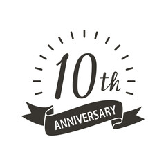 10th anniversary, logo design template with black ribbon and decoration line.
