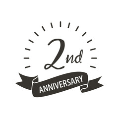 2nd anniversary, logo design template with black ribbon and decoration line.