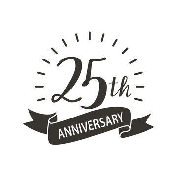 25th anniversary, logo design template with black ribbon and decoration line.