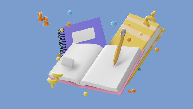 Online education concept. Minimal background. Book and pencil on blue background. Clipping path of each element included. 3d rendering illustration.
