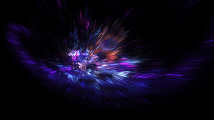 Abstract blue and purple lights. Fantastic space background. Digital fractal art. 3d rendering.