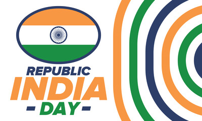 Republic Day in India. National happy holiday, celebrated annual in January 26. Indian flag. Patriotic indian elements. Festive deign. Poster, card, banner and background. Vector illustration