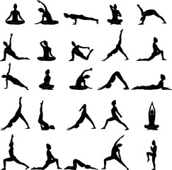 Collection of black silhouettes yoga poses.