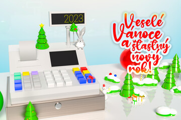 Background with a cash register surrounded by Christmas trees and decorations with the inscription Merry Christmas and happy new year in Czech. Template on the theme of holidays in shops and retail