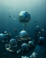Image of Science Fiction Futuristic Underwater Base 3D Art Abstract Vertical Illustration. Sea Abyss Exploration Sci-Fi Background. CG Digital Painting AI Neural Network Generated Art Fantastic Wallpaper printed on Printed Aluminium Shower Panels