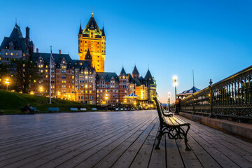 Chateau Frontenac and Dufferin terrace at night in the Upper town on Old Quebec, Canada