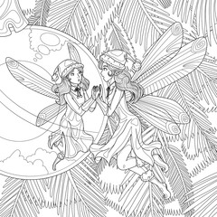 Christmas fairy kook at toy ball on tree. Fairytale vector illustration. Coloring book page for adult with doodle and zentangle elements.
