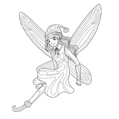 Magic fairy in Christmas clothes fly. Coloring book page for adult with doodle and zentangle elements. Vector hand drawn isolated.