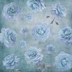 Vintage floral textured blue roses background. Scrapbooking paper.