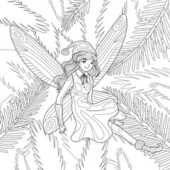 Fototapeta na wymiar Fairy fly near Christmas tree. Magic winter illustration. Coloring book page for adult with doodle and zentangle elements. Vector hand drawn isolated.