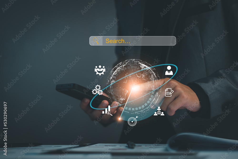 Poster data search technology search engine optimization. business people are searching for information in 