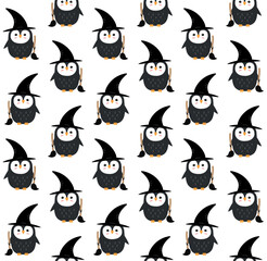 Vector seamless pattern of flat hand drawn Halloween penguin with witch hat and broom isolated on white background