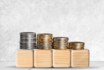 block with Coins stack. Money, Budget, tax, investment, financial, savings and Resolution concepts